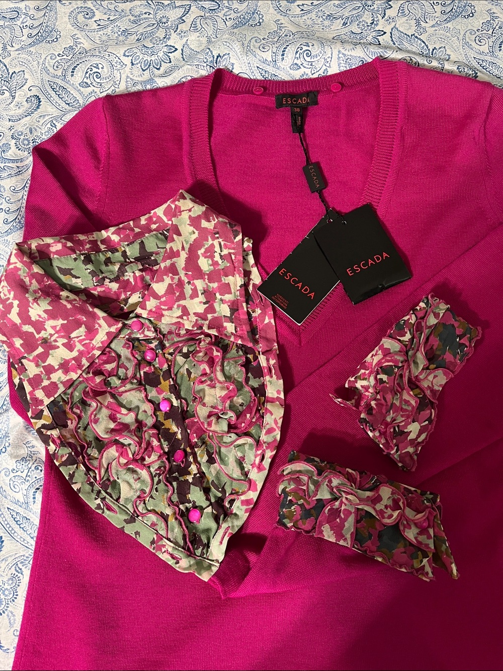 Escada Fuchsia V-Neck Sweater with Printed Ruffle Blouse